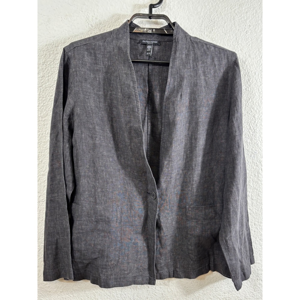 Eileen Fisher Blazer Womens PL Dark Gray Organic Linen Petite Jacket